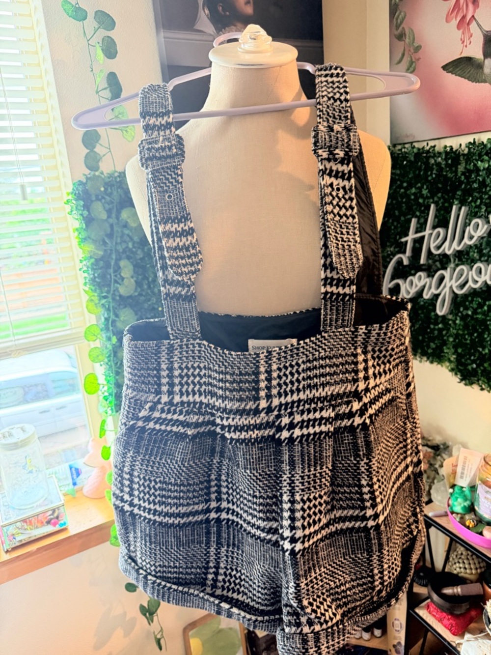 High-Waist Plaid Suspender Shorts - Black/White